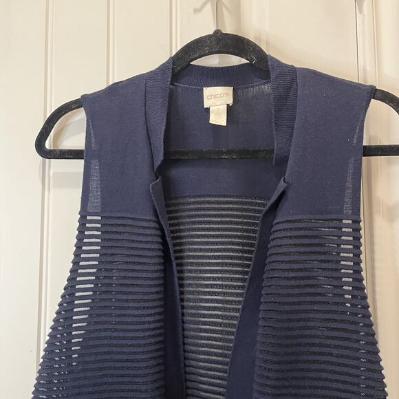 Chicos Size 2 Navy Blue Knit Ribbed Sleeveless Duster Open Front Kimono Top L - Picture 5 of 10
